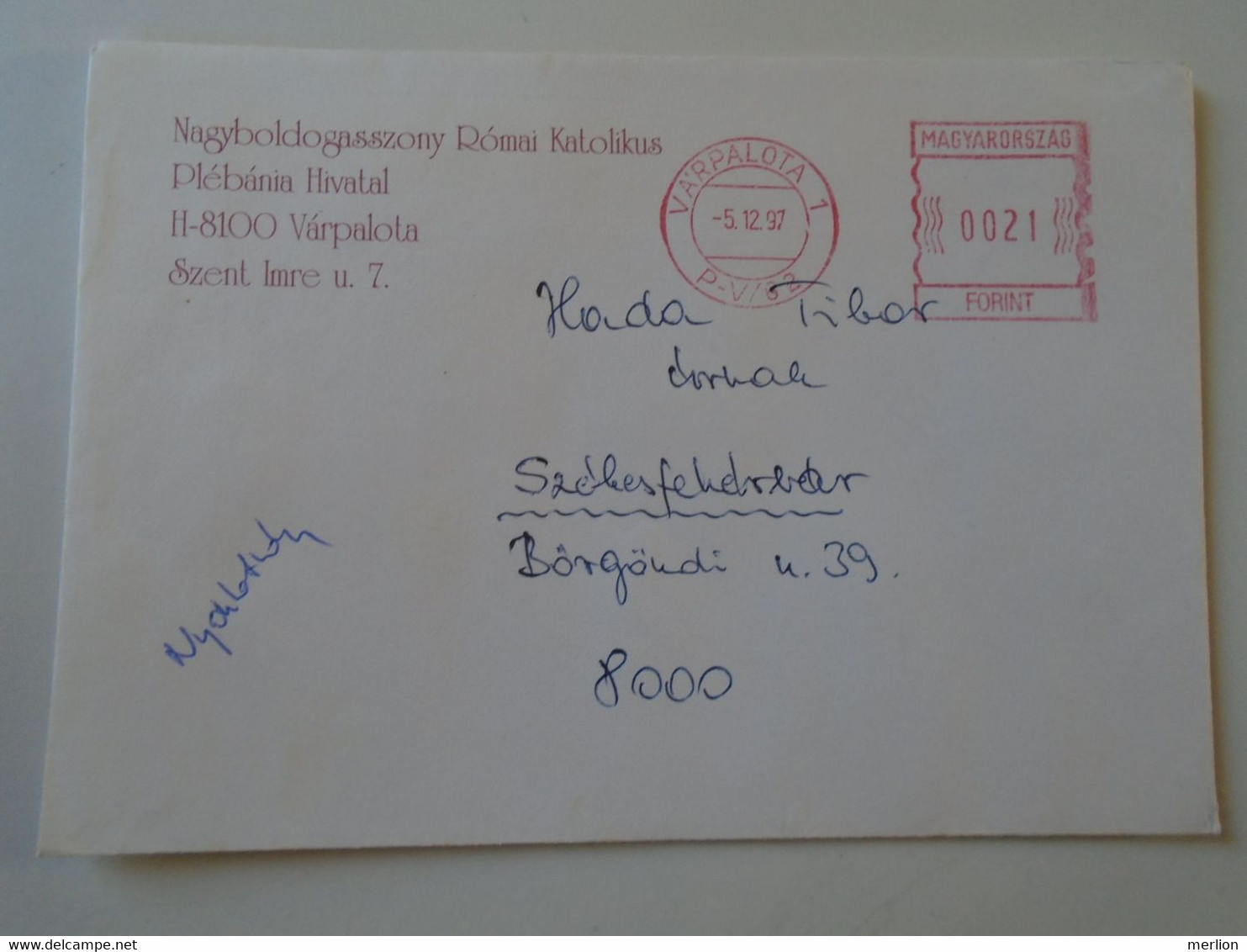 D193938  Hungary  Cover -EMA Red Meter Freistempel - 1997 Várpalota - Plébánia - Automatenmarken [ATM]