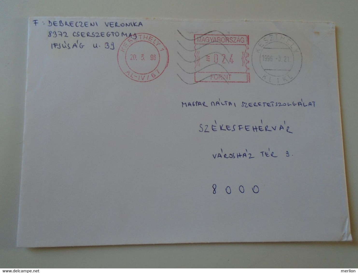 D193939   Hungary  Cover -EMA Red Meter Freistempel - 1996 Keszthely - Black Cancel On Red Meter - Automaatzegels [ATM]