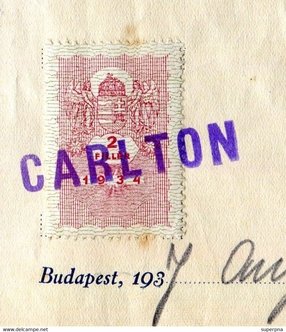 BUDAPEST (1934) : TIMBRE FISCAL Sur FACTURE " HÔTEL CARLTON " - Fiscale Zegels