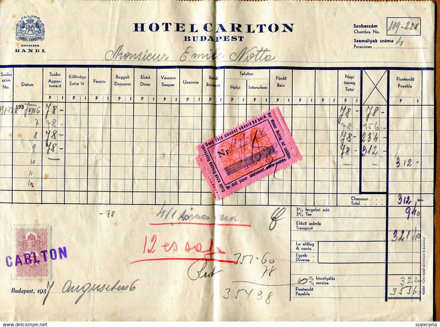 BUDAPEST (1934) : TIMBRE FISCAL Sur FACTURE " HÔTEL CARLTON " - Fiscales