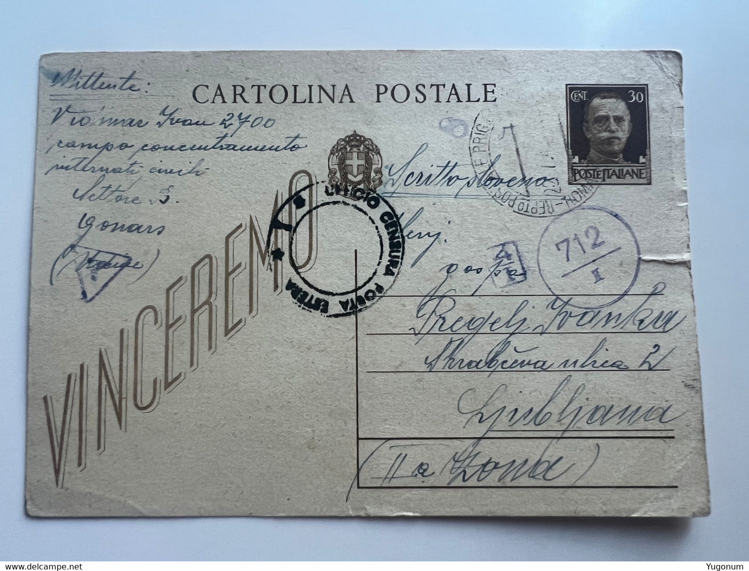 ITALY WWII 1943 Stationary Sent From Concenetration Camp GONARS  -> Lubiana (No 2052) - Ljubljana