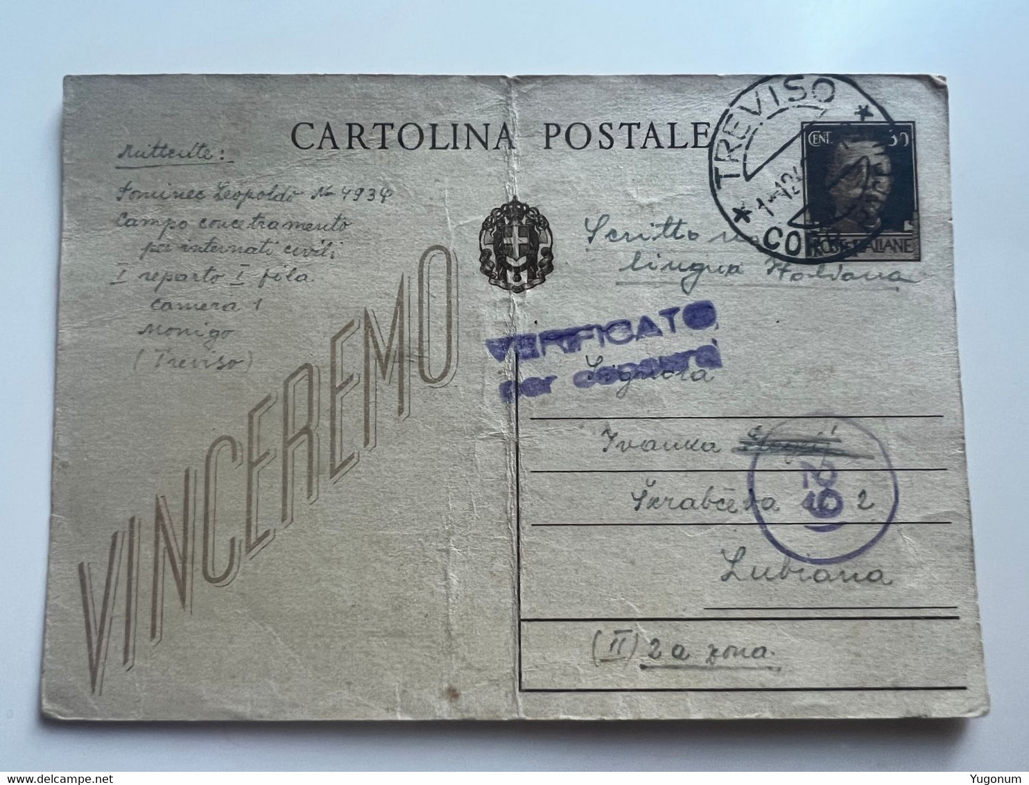 ITALY WWII 1942 Stationary Sent From Concenetration Camp MONIGO  -> Lubiana (No 2054) - Lubiana