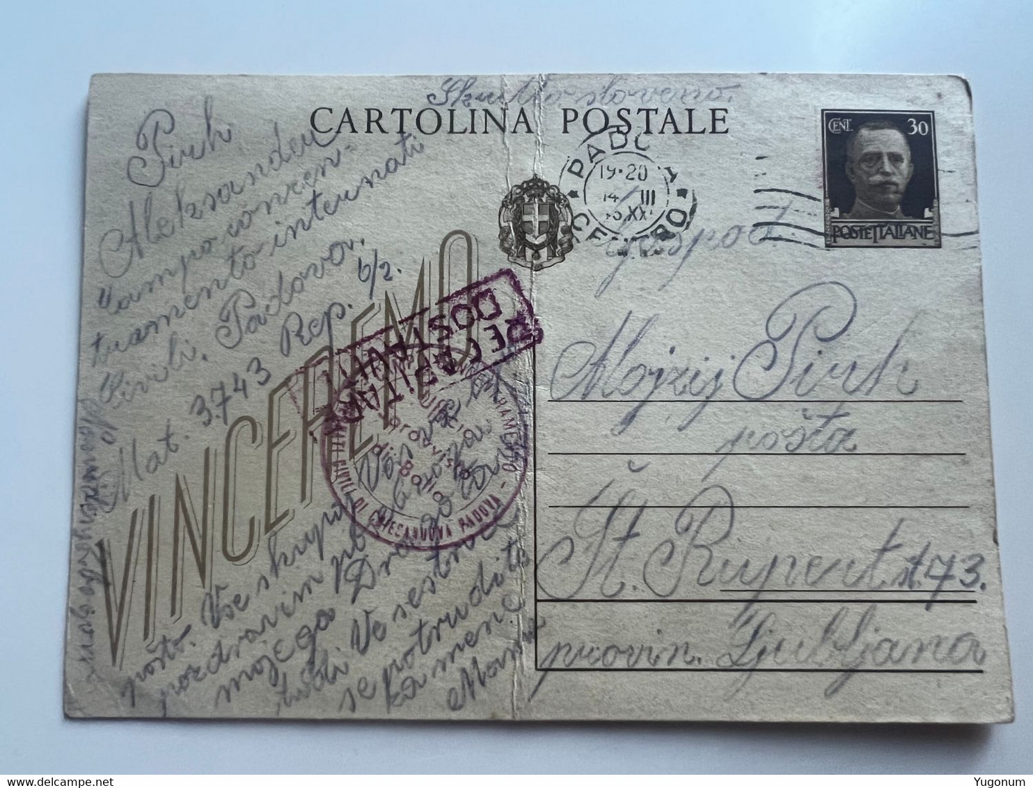 ITALY WWII 1943 Stationary Sent From Concenetration Camp PADOVA  -> Lubiana (No 2055) - Ljubljana