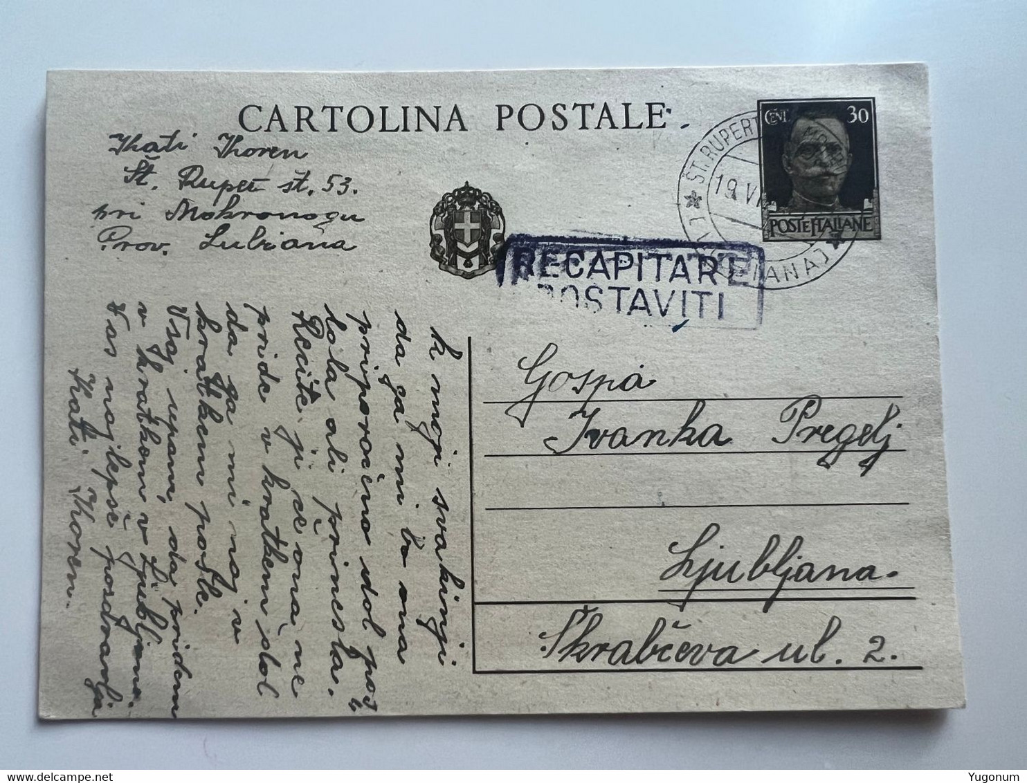 ITALY WWII 1943 Stationary With Stamp St. Rupert Pri Mokronogu  -> Lubiana (No 2056) - Ljubljana