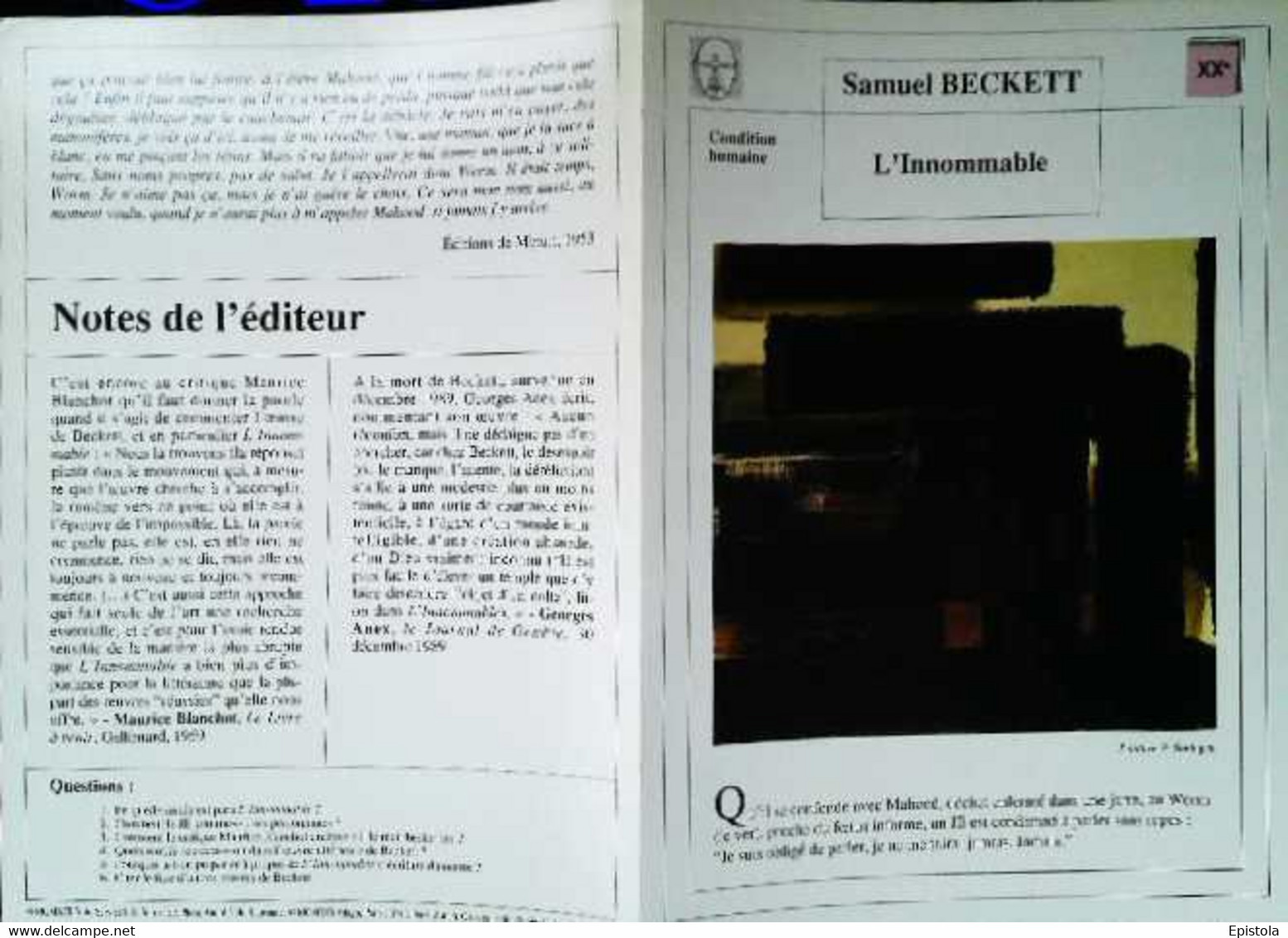 ►   Fiche   Litterature  Samuel Beckett L'innommable  Peintre P Soulages - Learning Cards