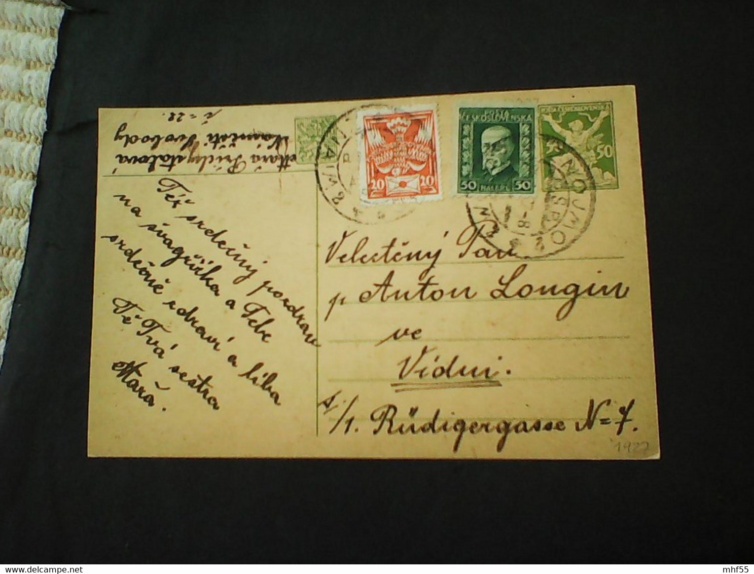 : Auslandspostkarte 50 +ZF 50 +20. Znojmo - Vidui. 1927 - Omslagen