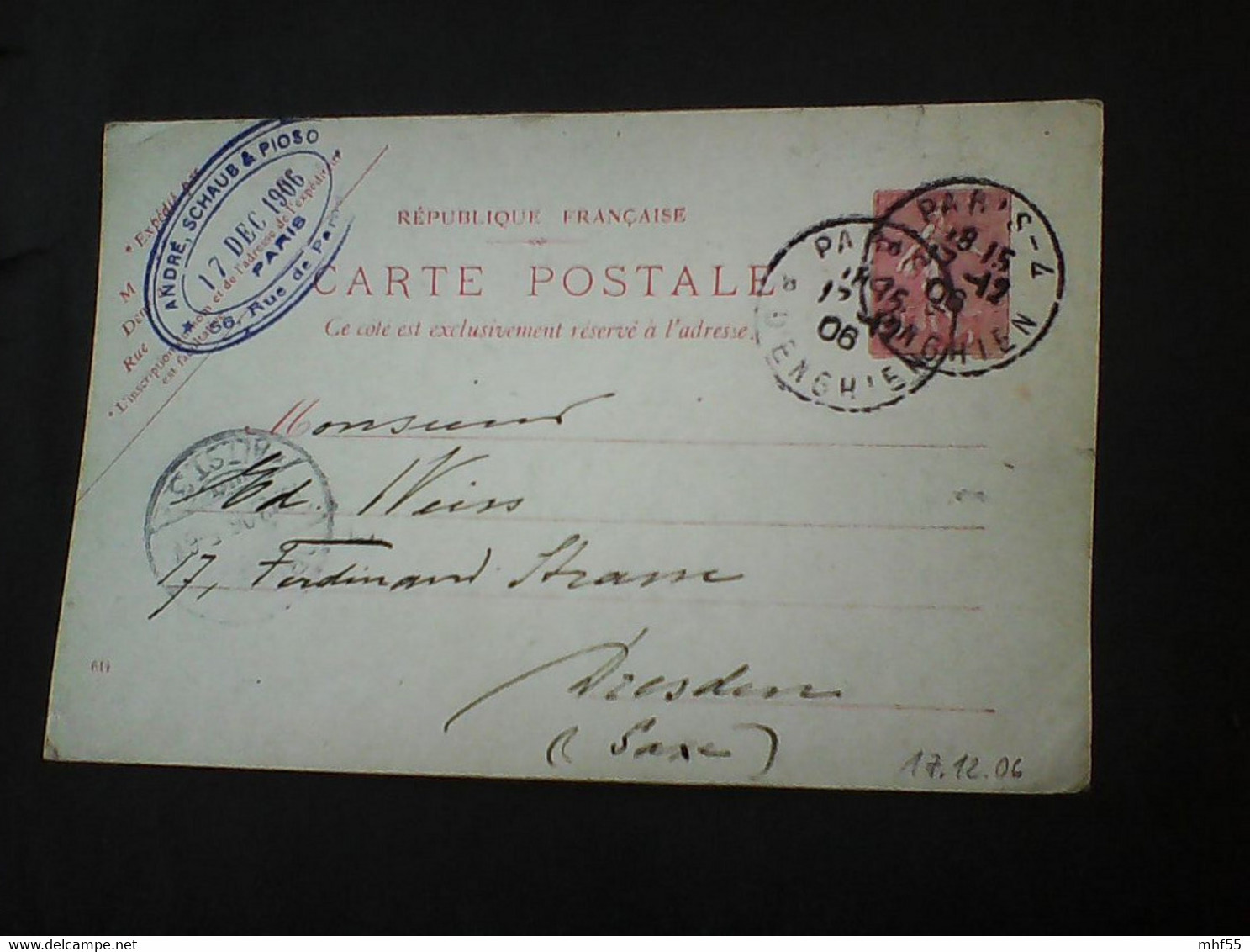 : Auslandspostkarte 5 C.Paris - Dresden 1906 - Cartes/Enveloppes Réponse T