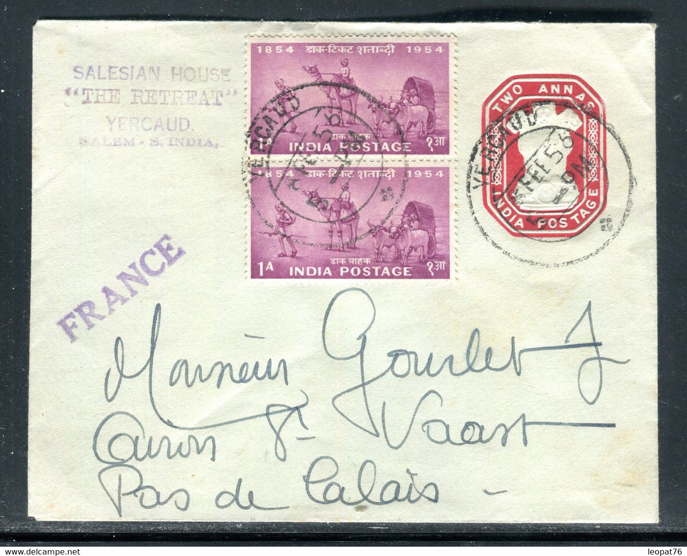 Inde - Entier Postal + Compléments De Yercaud Pour La France En 1956 - F 136 - Cartas & Documentos