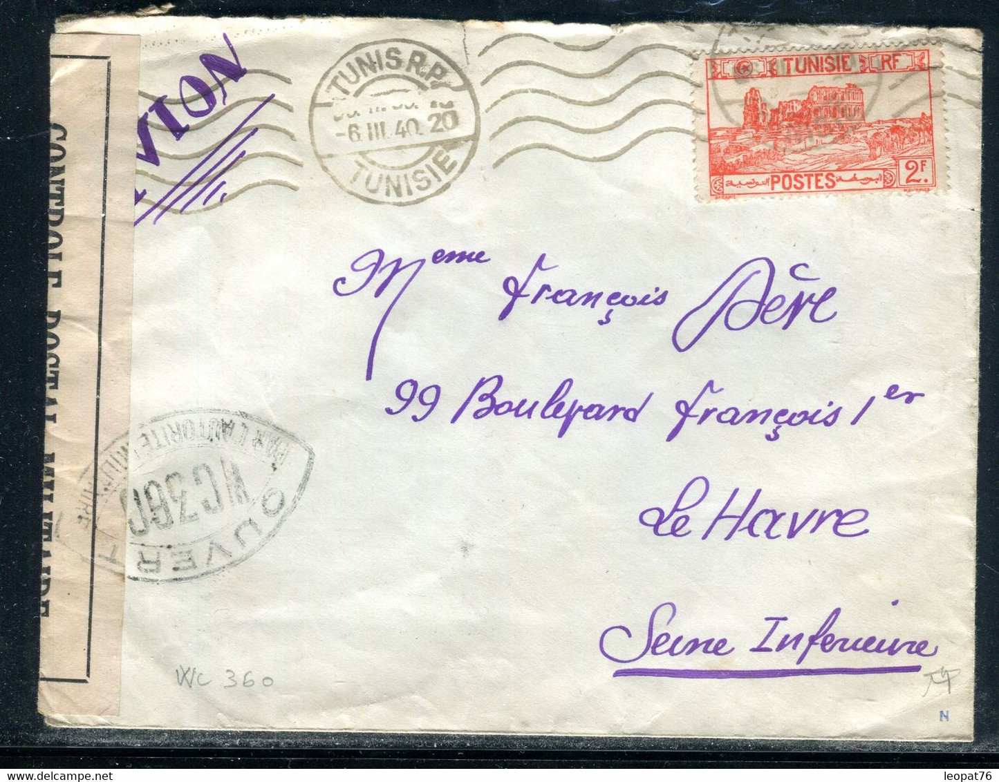 Tunisie - Enveloppe De Tunis Pour Le Havre En 1940 Avec Contrôle Postal WC360 - F 146 - Cartas & Documentos