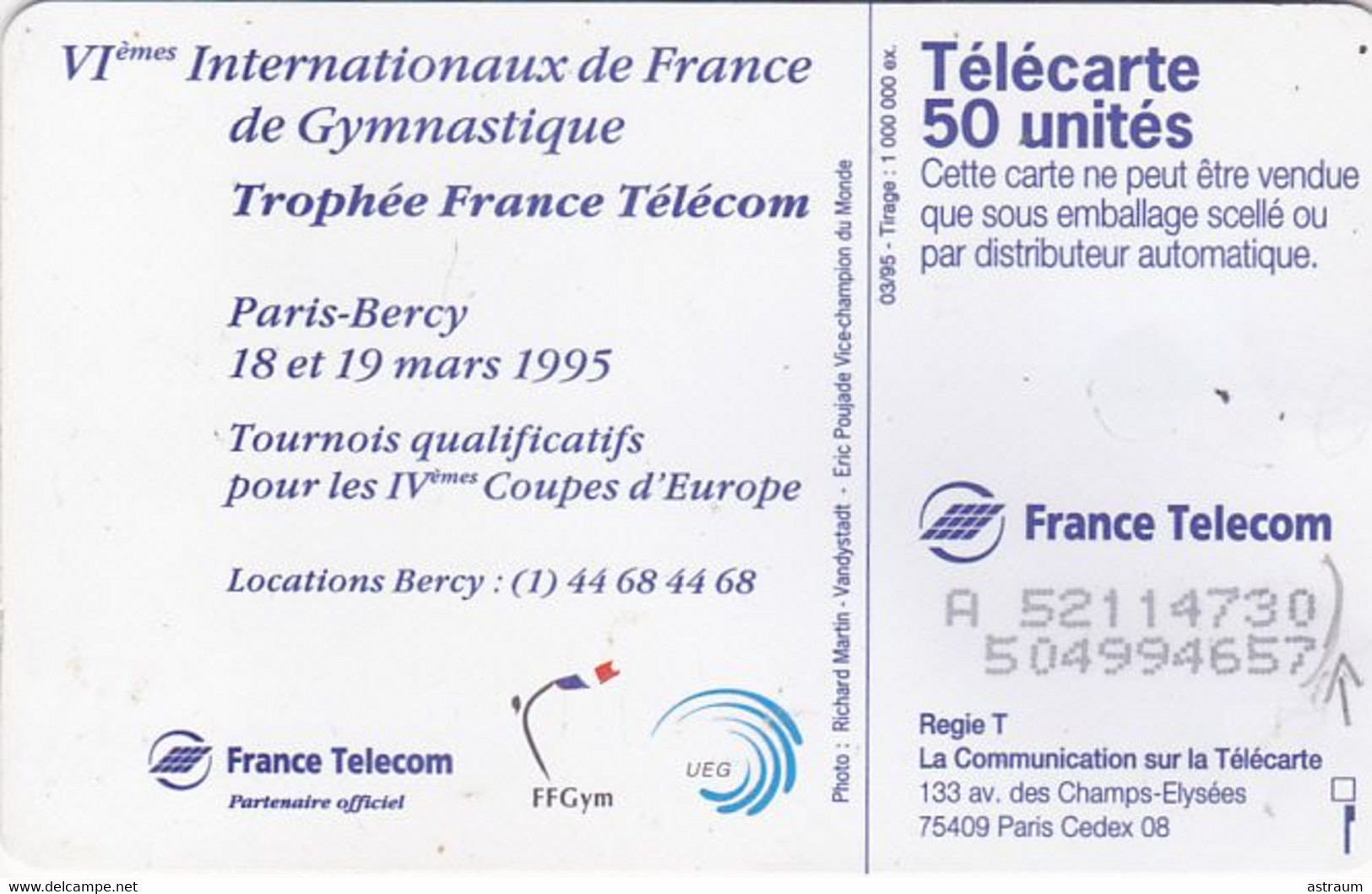 Telecarte Variété - F 542A - VIe Internationaux De France De Gymnastique - ( JAD ) - Errors And Oddities