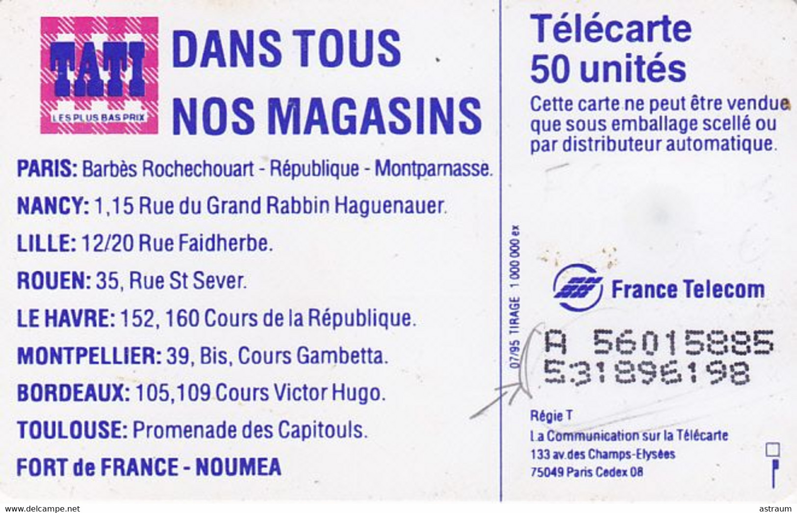 Telecarte Variété - F 564 A - Tati - ( JAG + N° Ondulé ) - Variëteiten