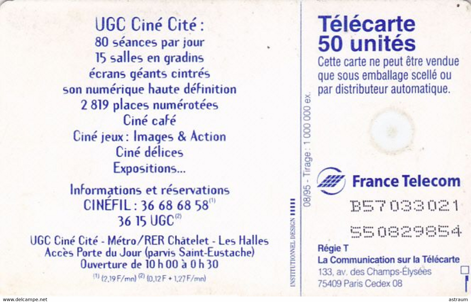 Telecarte Variété - F 579 V7 - UGC Ciné Cité - ( Trait Blanc ) - Errors And Oddities