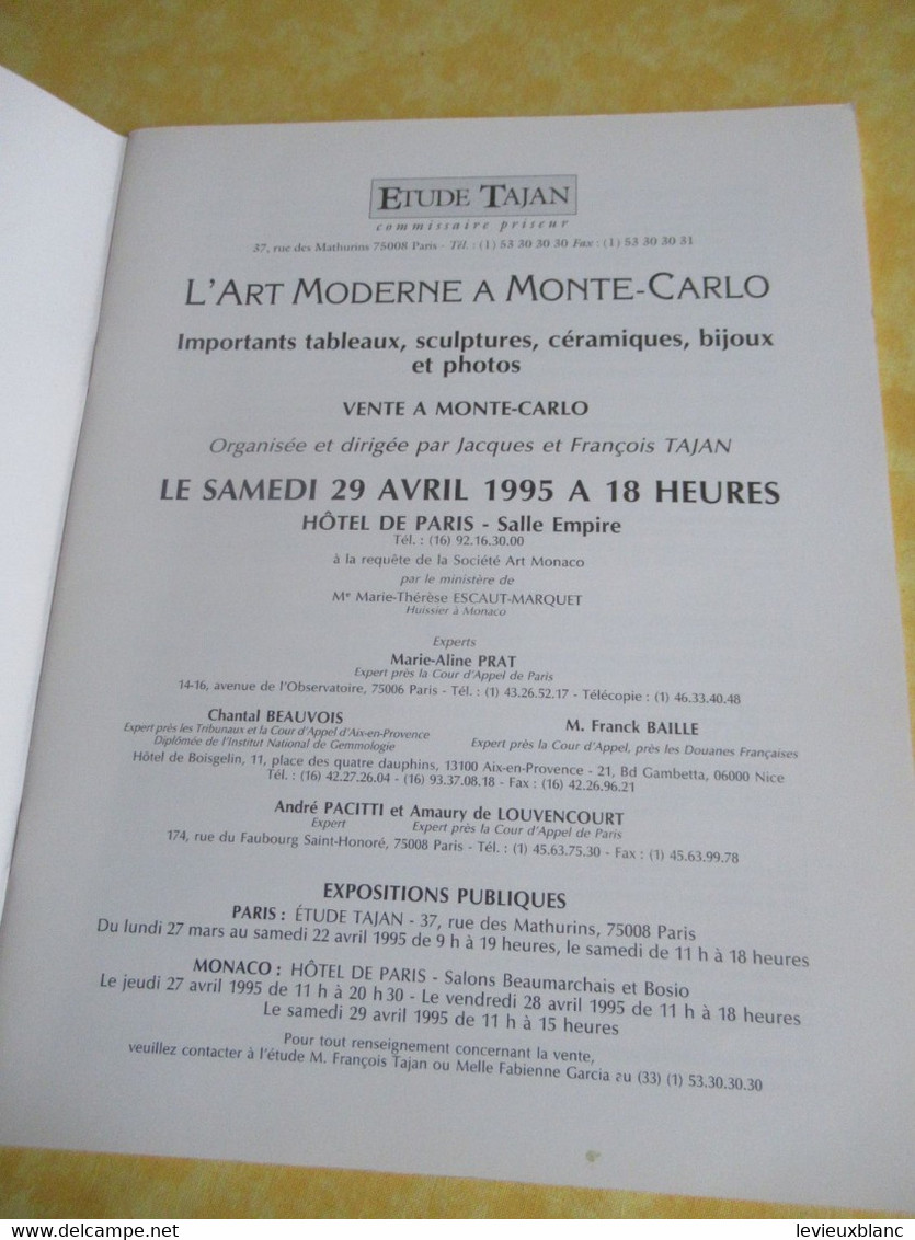 Vente Aux Enchères /L'Art Moderne à Monte-Carlo/ Etude TAJAN/Hôtel De Paris/ 1995                    CAT291 - Riviste & Cataloghi