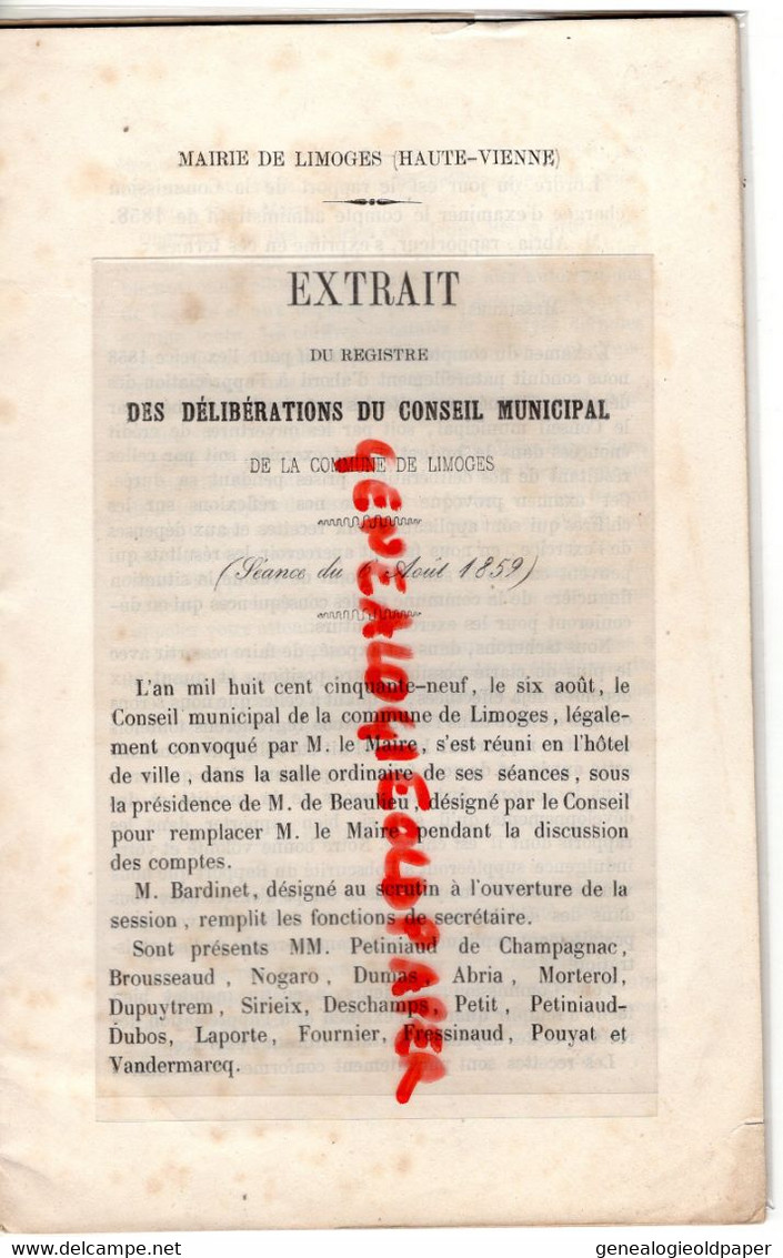 87- LIMOGES- MAIRIE COMMISSION BUDGET 1858- J.J. ABRIA-IMPRIMERIE CHAPOULAUD 1859-BARDINET-PETINAIUD CHAMPAGNAC-POUYAT - Limousin