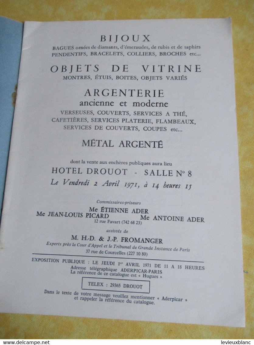 Vente Aux Enchères /Hôtel DROUOT/ Bijoux, Argenterie,Objets De Vitrine / ADER-PICARD/1971  CAT292 - Riviste & Cataloghi