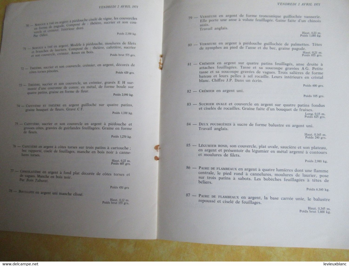 Vente aux enchères /Hôtel DROUOT/ Bijoux, Argenterie,Objets de Vitrine / ADER-PICARD/1971  CAT292