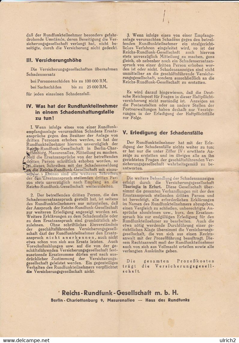 Deutsches Reich Rundfunkgenehmigung Karlsruhe 1934 Und Merkblatt Haftpflichtversicherung Für Rundfunkteilnehmer (63163) - Documenti Storici
