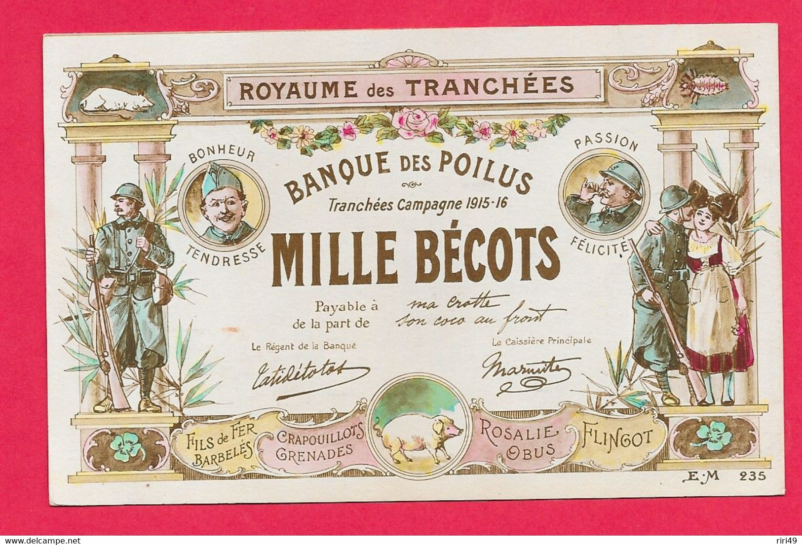 Cpa  Royaume Des Tranchées, Banque Des Poilus Mille Bécots, Belle Carte, Voyagée En 1916, 2 Scannes - Patriotic