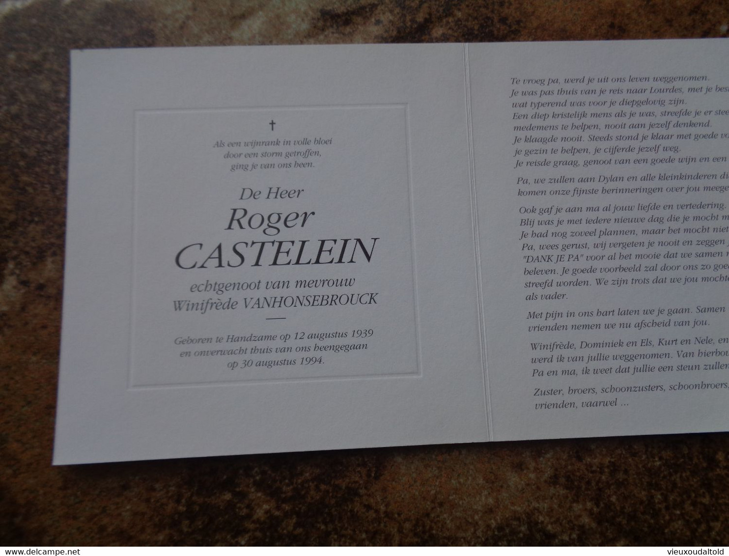 Doodsprentje/Bidprentje  Roger CASTELEIN   Handzame 1939-1994 Koekelare  (Echtg Winifrède VANHONSEBROUCK) - Religion & Esotericism