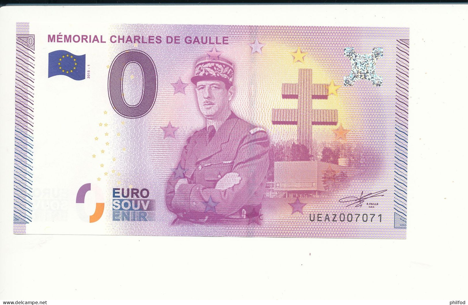 2015-1 - Billet Souvenir - 0 Euro - UEAZ - MÉMORIAL CHARLES DE GAULLE -  N° 7071 - Billet épuisé - Essais Privés / Non-officiels