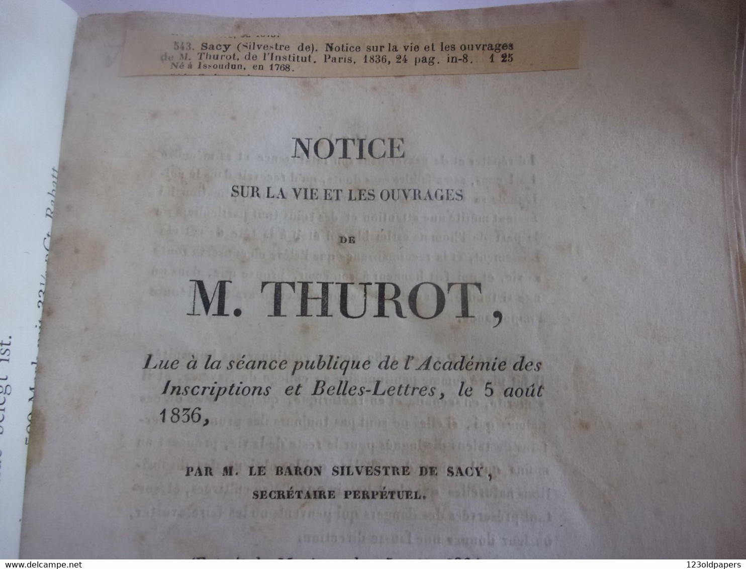 ♥️  BERRY INDRE 1836 NOTICE SUR JEAN FRANCOIS THUROT NE A ISSOUDUN EN 1768 HELLENISTE ET PHILOSOPHE PAR S DE SACY - Centre - Val De Loire