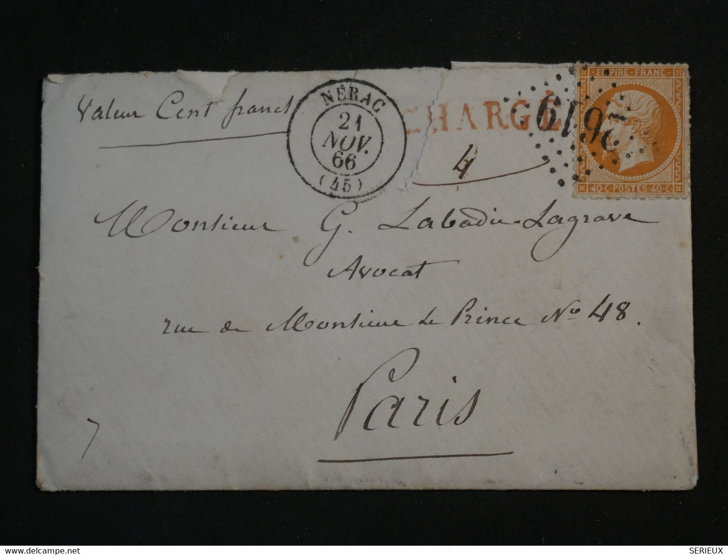 BO 2  FRANCE BELLE LETTRE CHARGEE 1866 NERAC A PARIS  +N°23 +TEXTE +CACHET CIRE +AFFRANCH.  PLAISANT++ - 1853-1860 Napoléon III.