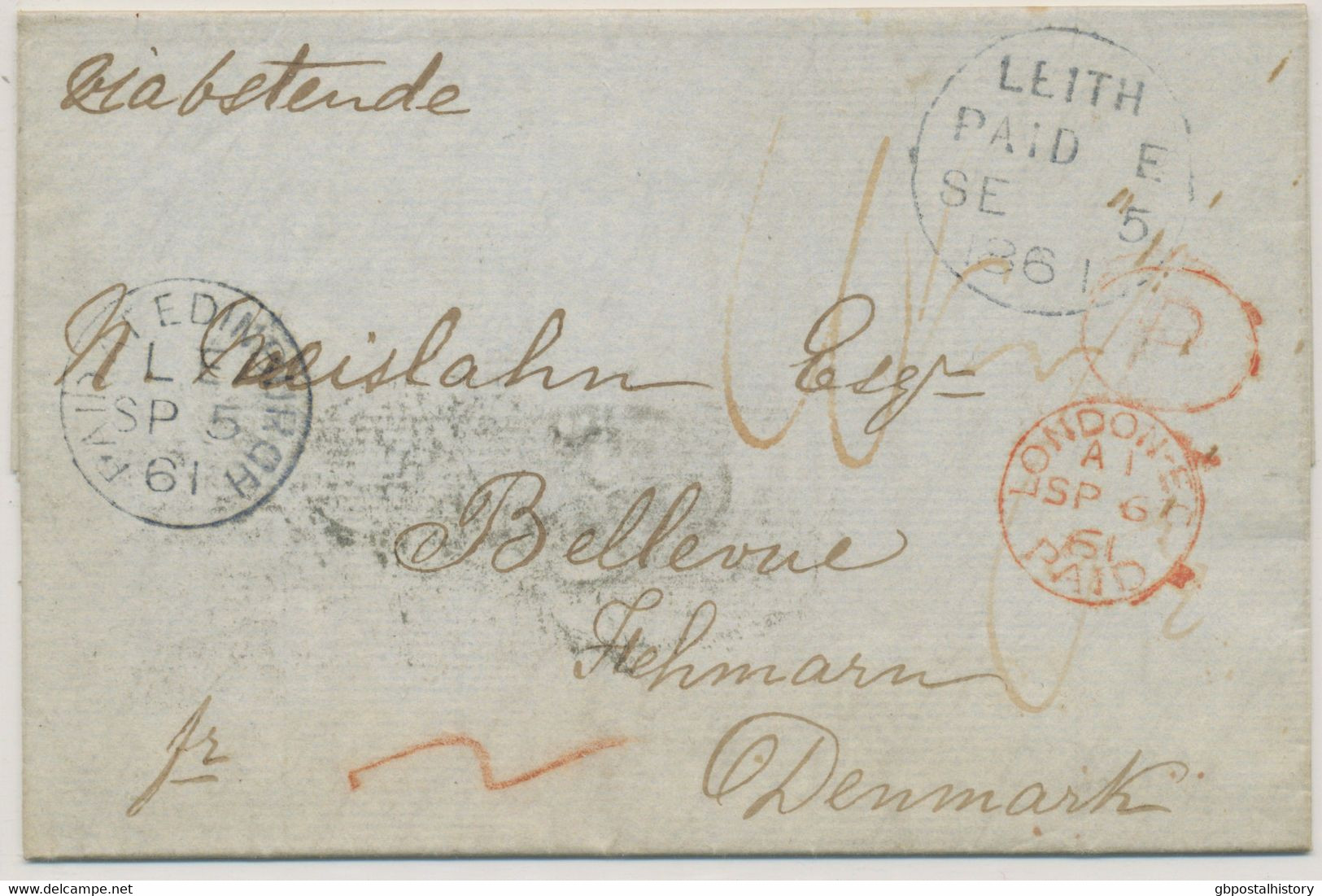 GB 1861 Superb Stampless Entire With Red Manuscripts "10 ½" (d Till ½ Oz.) And "6 ½" To FEHMARN, DENMARK (now Germany) - Storia Postale