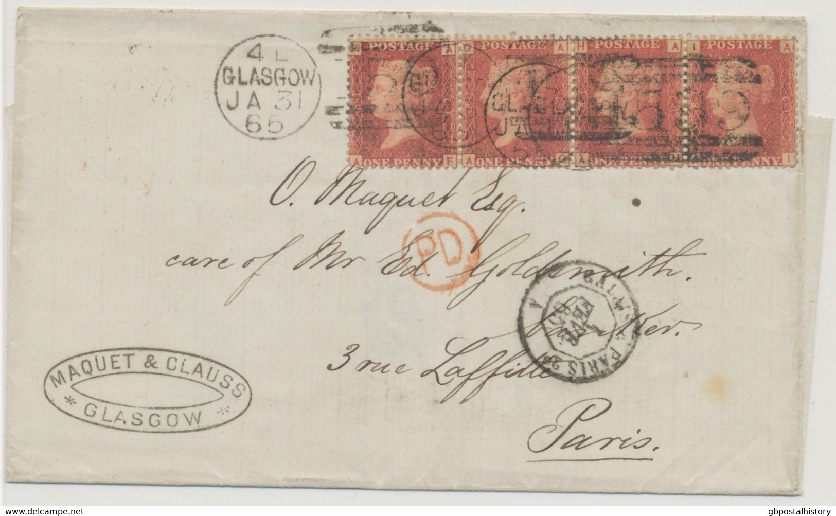 GB 1865, QV 1d Pl. 81 First State (strip Of Four: AF-AI) MAJOR VARIETIES: All The Plate Numbers On The Right Side - Cartas & Documentos