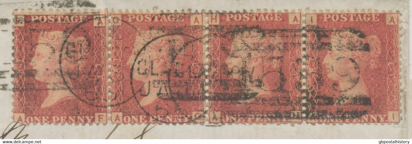 GB 1865, QV 1d Pl. 81 First State (strip Of Four: AF-AI) MAJOR VARIETIES: All The Plate Numbers On The Right Side - Cartas & Documentos