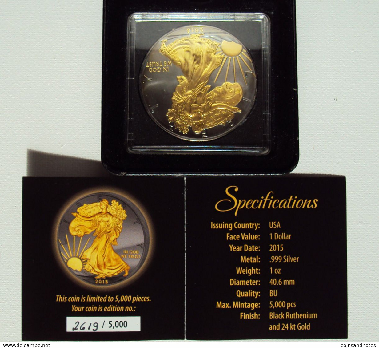 USA 2015 - 1 Tr Oz Silver Dollar ‘Liberty’ - Black Ruthenium & 24 CT Gold Plated - COA - Verzamelingen