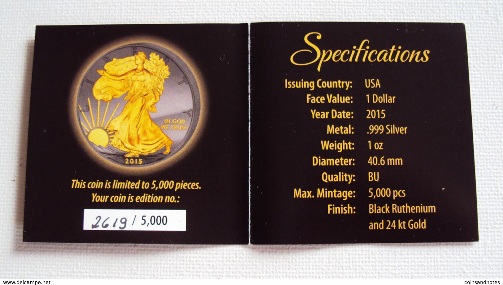 USA 2015 - 1 Tr Oz Silver Dollar ‘Liberty’ - Black Ruthenium & 24 CT Gold Plated - COA - Verzamelingen