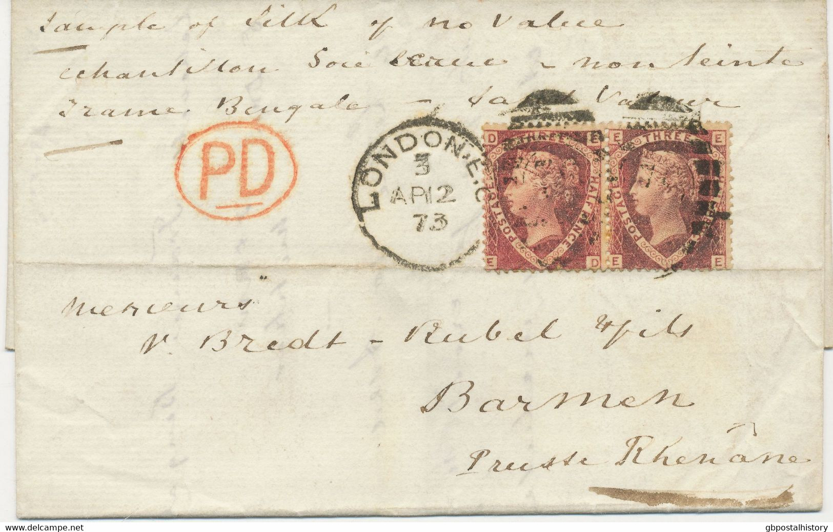 GB 1873 QV 1½ D LE Pl. (1) Pair "ED-EE" Multiple Postage On Superb SAMPLE-cover, Handwritten "Sample Of Silk Of No Value - Covers & Documents