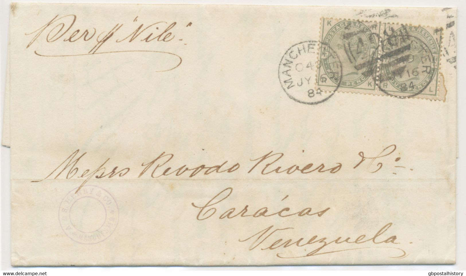 GB 1884 QV 4d Green (pair: RK-RL = 2nd. Weight Rate) With "MANCHESTER / 498"-Duplex On Superb Entire To VENEZUELA - Covers & Documents