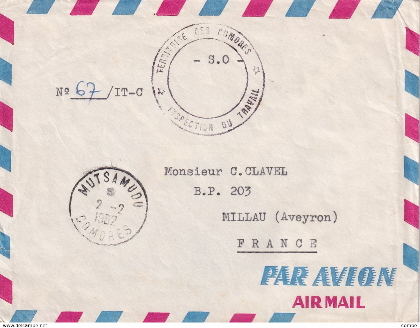 LETTRE. COMORES. 2 2 62. TERRITOIRE DES COMORES. INSPECTION DU TRAVAIL. MUTSAMUDU POUR MILLAU FRANCE - Cartas & Documentos