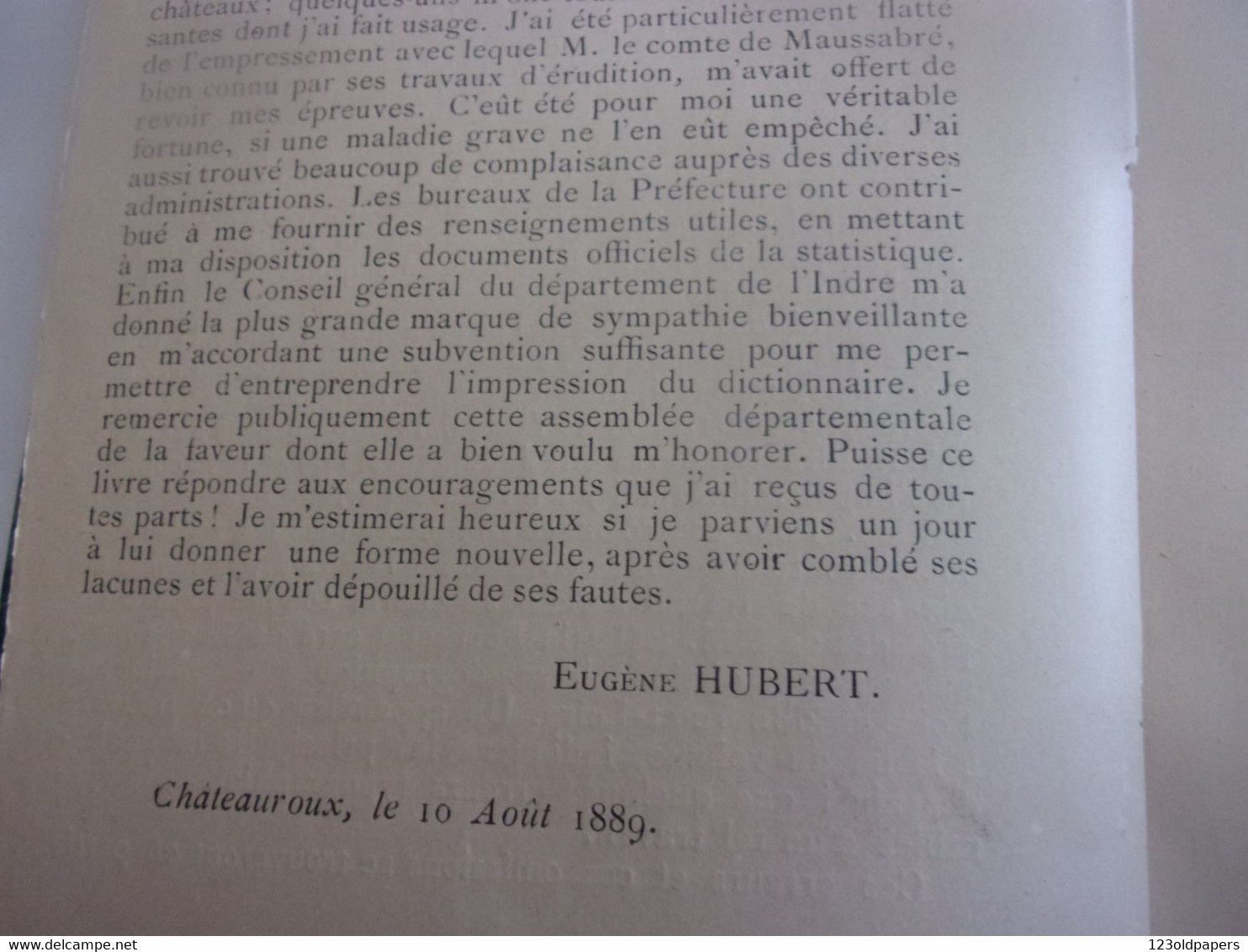️  BERRY INDRE 1889 EO  Dictionnaire Historique, Géographique Et Statistique De L'Indre De Eugène Hubert - Centre - Val De Loire