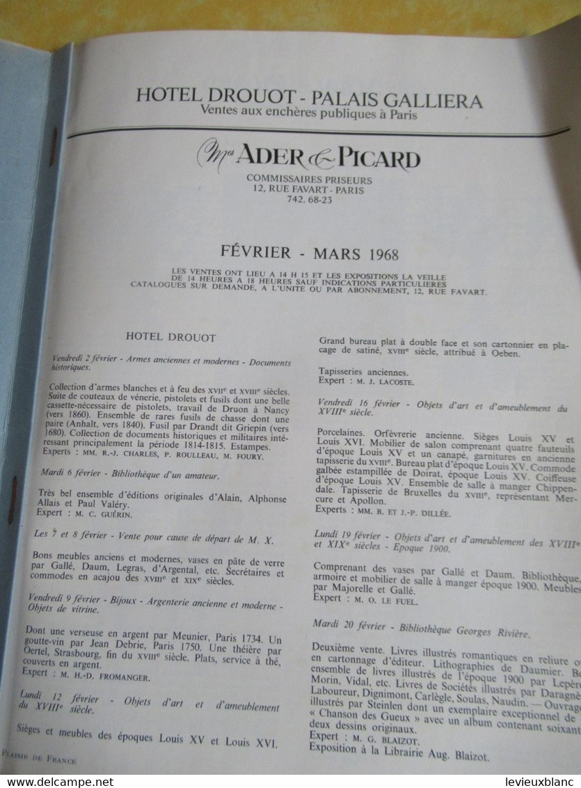 Vente Aux Enchères /Hôtel DROUOT Palais Galliera/ Vente Publique/ ADER-PICARD/1968                          CAT293 - Magazines & Catalogues