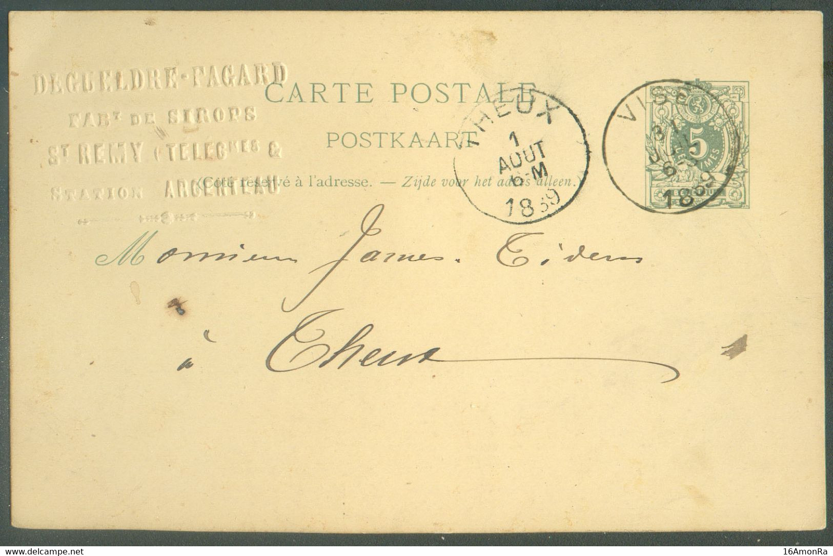 E.P. Carteb 5 Centimes Obl. Sc VISE 31 Juillet 1889 + Impression Exp. DEGUELSRE PAGARD Fabricant De SIROPS St REMY Stati - Postkarten 1871-1909