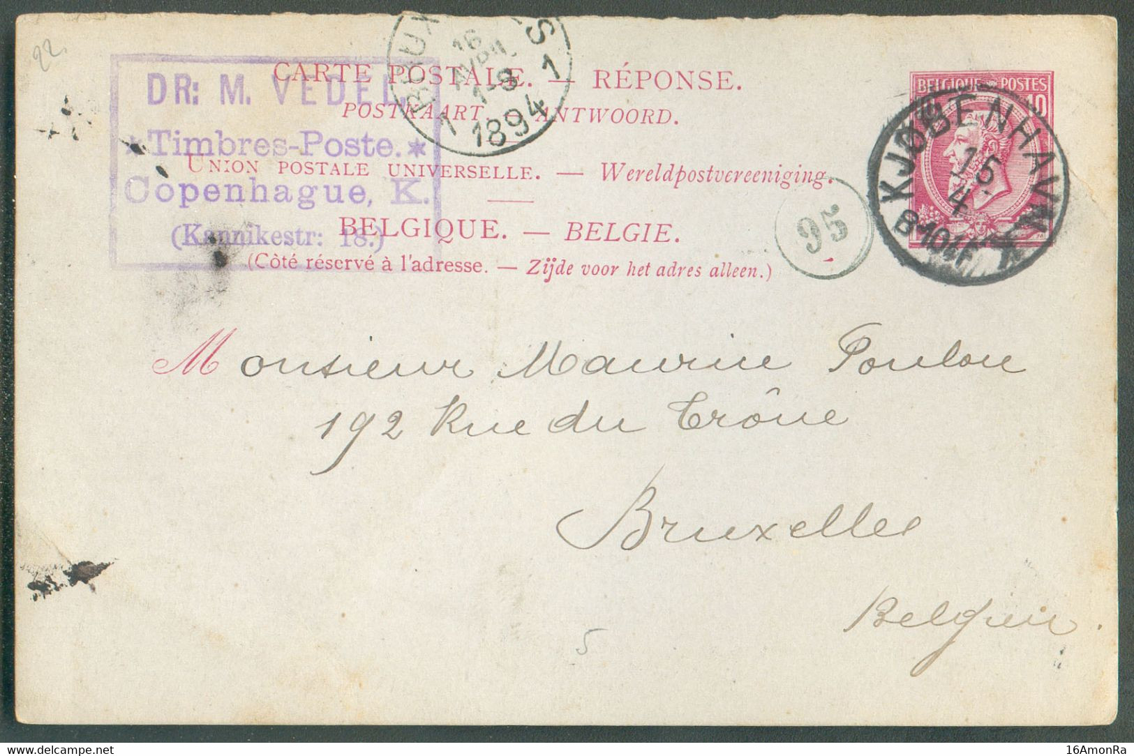 E.P. Carte 10c. Rouge S/verdâtre (partie Réponse) Obl. Danoise (DK) De KJOBENHAVN 15/4 1894 Vers Bruxelles (Kopenhague) - Cartes Postales 1871-1909