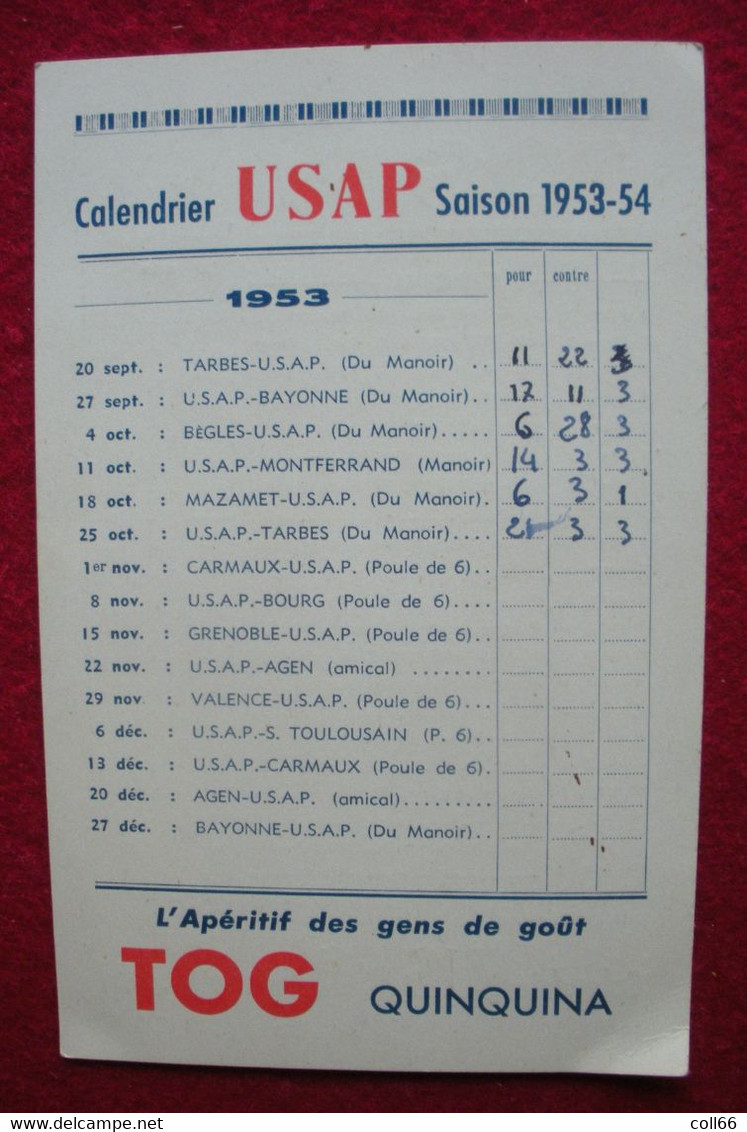 66 Perpignan USAP Calendrier Saison 1953-1954 Rugby Football Publicité TOG Quinquina 14x9 Cm - Rugby