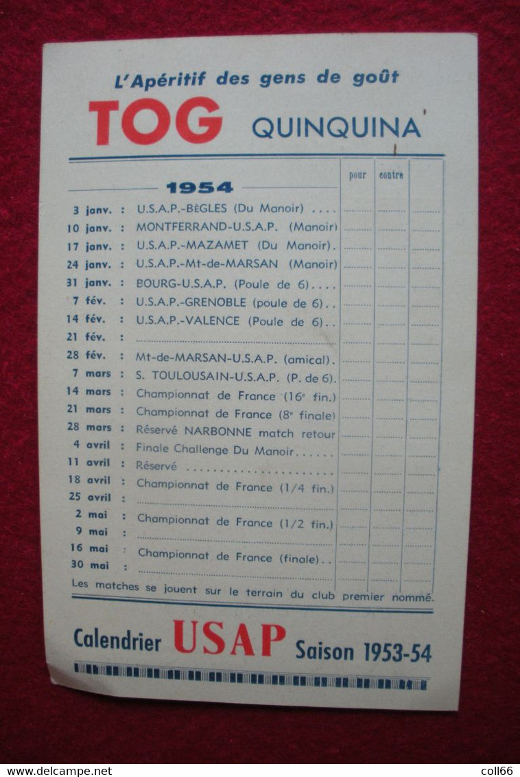 66 Perpignan USAP Calendrier Saison 1953-1954 Rugby Football Publicité TOG Quinquina 14x9 Cm - Rugby