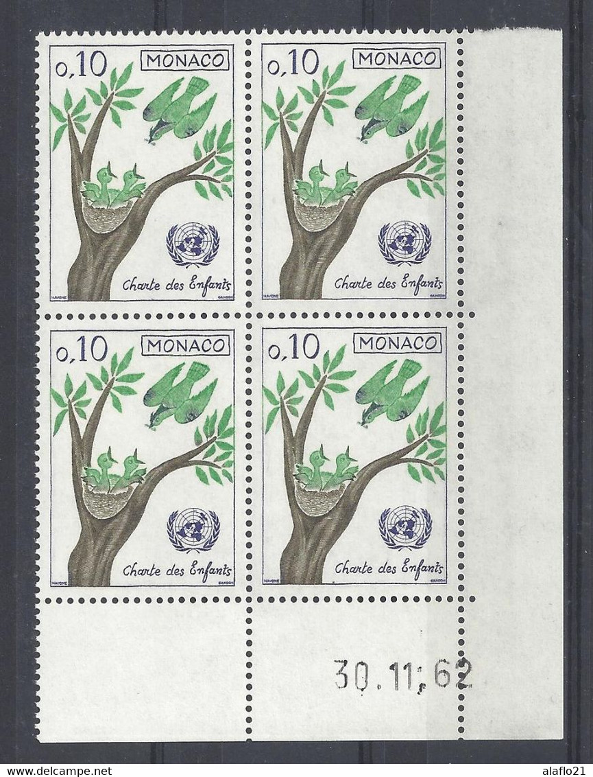 MONACO N° 600 - CHARTE Des ENFANTS - BLOC De 4 COIN DATE - NEUF SANS CHARNIERE - 30/11/62 - Unused Stamps