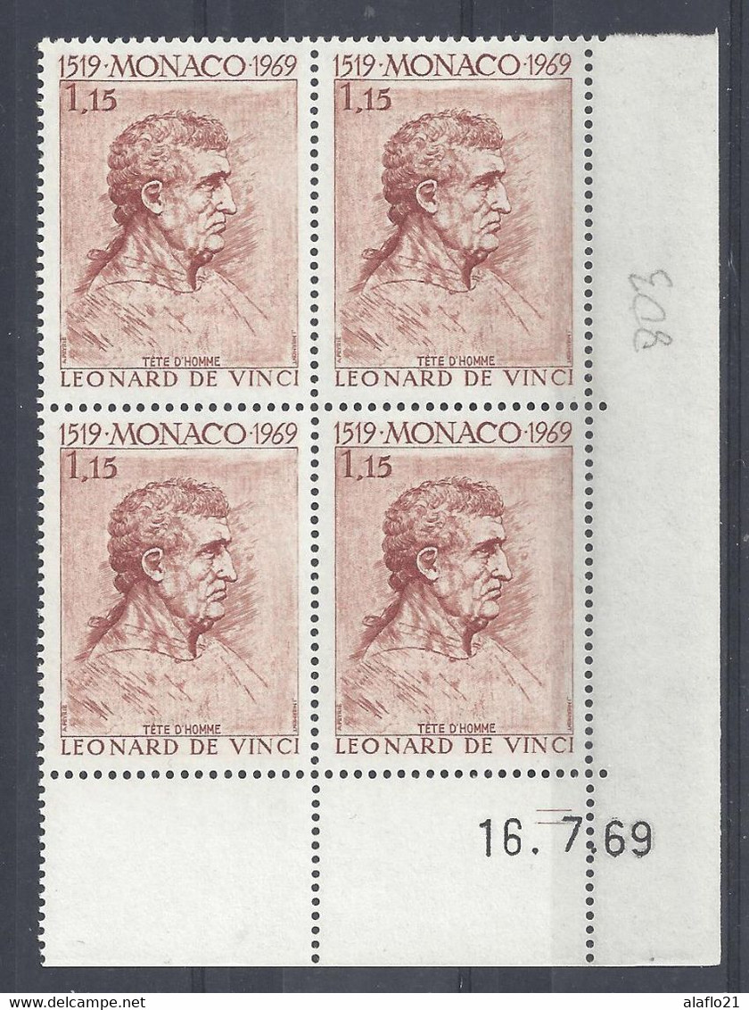 MONACO N° 803 - OEUVRE De LEONARD De VINCI - BLOC De 4 COIN DATE - NEUF SANS CHARNIERE - 16/7/69 - 2 Traits - Ungebraucht