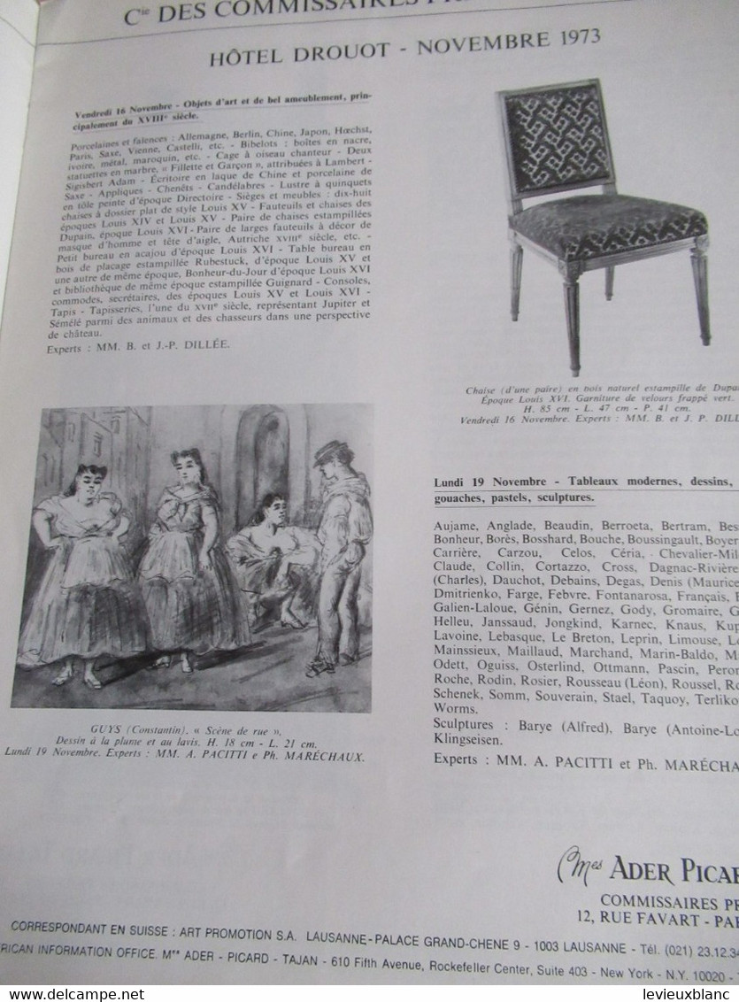 Vente Aux Enchères /Hôtel DROUOT Palais Galliera/ Vente Publique/ ADER-PICARD-TAJAN/Novembre-Décembre 1973        CAT295 - Revistas & Catálogos