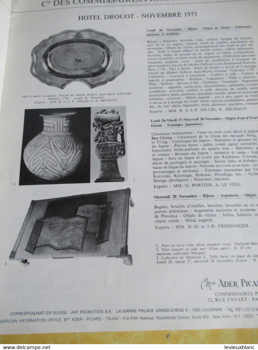 Vente Aux Enchères /Hôtel DROUOT Palais Galliera/ Vente Publique/ ADER-PICARD-TAJAN/Novembre-Décembre 1973        CAT295 - Revistas & Catálogos