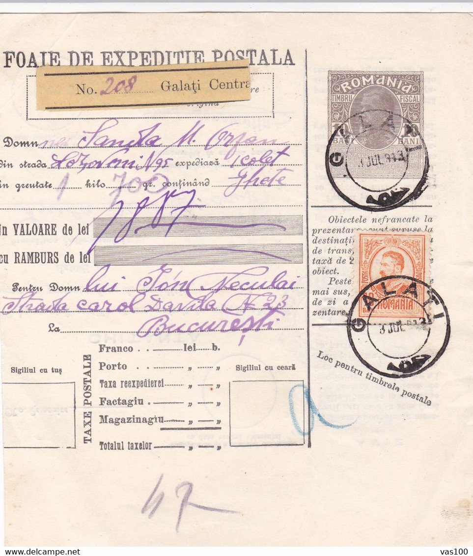 FOAIE DE EXPEDITIE POSTALA,MONEY ORDER,STATIONERY,PORT DU TAXE,ROMANIA 1933 GALATI - Port Dû (Taxe)