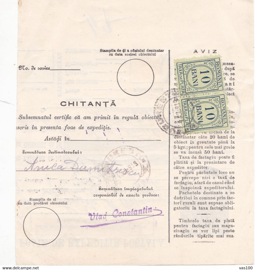 FOAIE DE EXPEDITIE POSTALA,MONEY ORDER,STATIONERY,PORT DU TAXE,ROMANIA 1933 GALATI - Port Dû (Taxe)