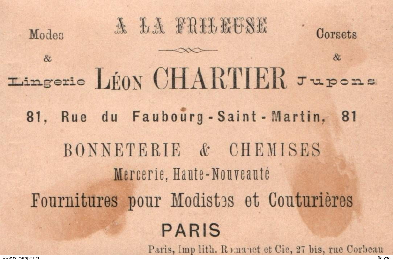 Paris - Chromo Publicitaire Ancien Bonneterie Chemises A LA FRILEUSE , Léon CHARTIER , Rue Du Faubourg St Martin  - Pub - Andere Monumenten, Gebouwen