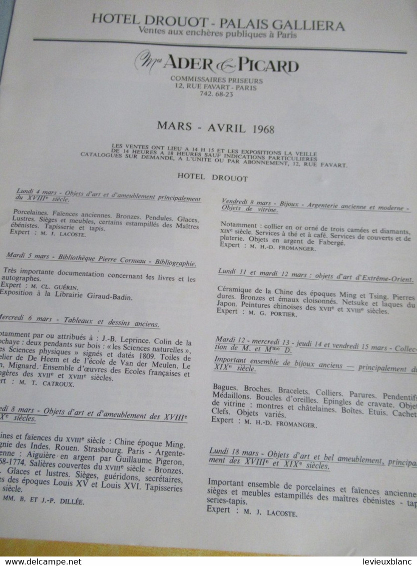 Vente Aux Enchères /Hôtel DROUOT Palais Galliera/ Vente Publique/ ADER-PICARD/ Mars- Avril 1968       CAT296 - Tijdschriften & Catalogi