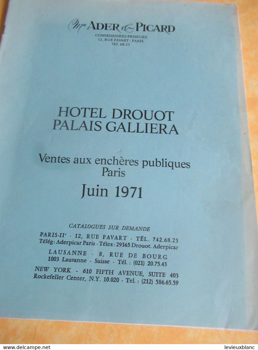 Vente Aux Enchères /Hôtel DROUOT Palais Galliera/ Vente Publique/ ADER-PICARD/ Juin 1971    CAT297 - Riviste & Cataloghi