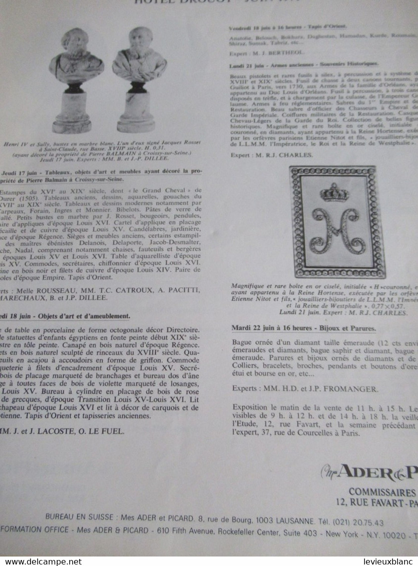 Vente Aux Enchères /Hôtel DROUOT Palais Galliera/ Vente Publique/ ADER-PICARD/ Juin 1971    CAT297 - Tijdschriften & Catalogi